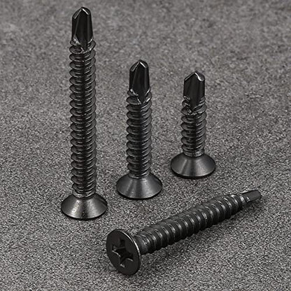 Wensilon（200pcs）#8×1-1/2”for Sheet Metal Self-Tapping Screws 410 Black Stainless Steel Flat Head High-Strength Quick self-Drilling Screws - color: Black, size: #8X1-1/2"
