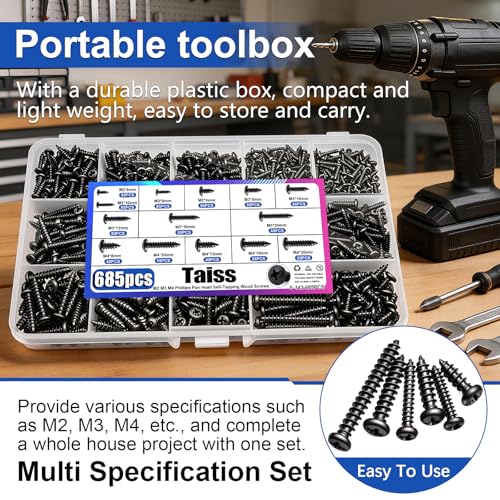 Taiss 685PCS M2 M3 M4 Phillips Pan Head Self Tapping Wood Screws Assortment Kit,14 Sizes Self Tapping Screws for Plastic,Cross Recessed Carbon Steel Black Screws for Wood,Plastic - size: 685PCS
