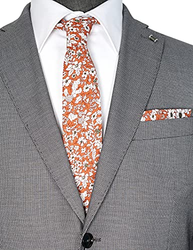 Cotton 2.5-Inch Skinny Floral Tie and Pocket Square Set for Men - color: Marigold Orange