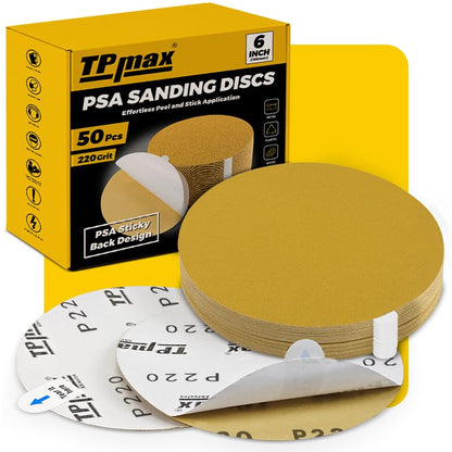 TPmax 6-Inch 220-Grit Gold PSA Sanding Discs, 50 Pack – Pro-Grade Self-Adhesive Stickyback Sandpaper with Quick-Release Tabs for DA Sander, Fine Automotive/Wood/Metal Sanding - style: 220 Grit