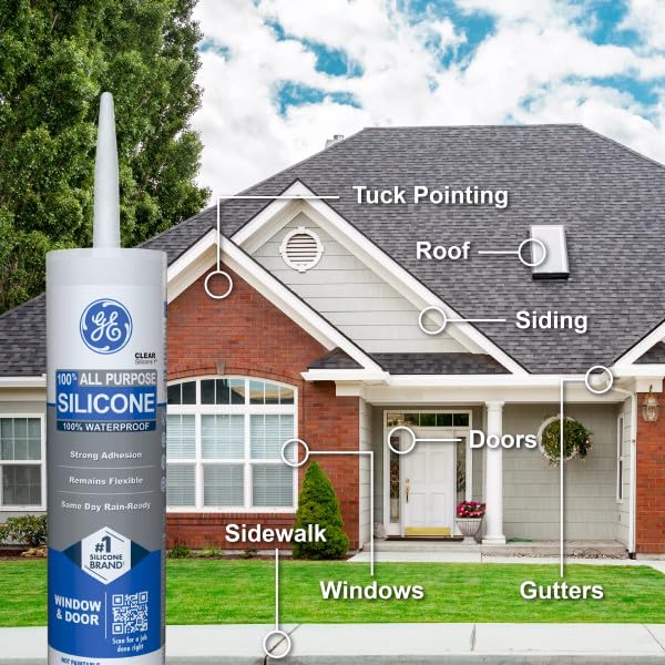 GE All Purpose Silicone Caulk, Clear, 10 fl oz Cartridge, 1 Pack - 100% Waterproof Silicone Sealant, Stronger Adhesion, Freeze & Sun Proof - size: 1 Pack, style: Clear