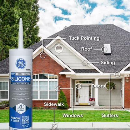 GE All Purpose Silicone Caulk, Clear, 10 fl oz Cartridge, 1 Pack - 100% Waterproof Silicone Sealant, Stronger Adhesion, Freeze & Sun Proof - size: 1 Pack, style: Clear