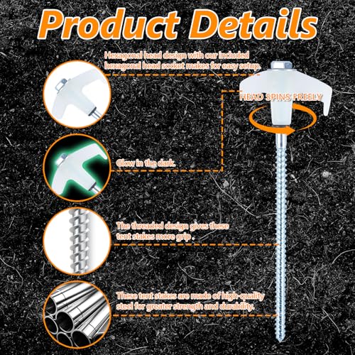 8" Heavy Duty Screw in Tent Stakes 12 Pack Drill in Ground Anchors - color: White
