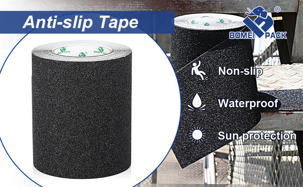 BOMEI PACK Black Anti Slip Tape, 6 Inch x 33 Foot Non-Slip Traction Grip Tape for Stairs, Waterproof Stair Treads Grip Non Slip, Non Skid Tape for Steps, Outdoor Black Grip Tape - size: 150mm