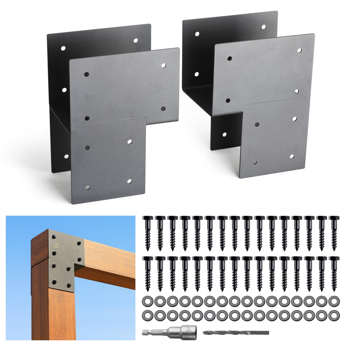 2 Pack 6x6 Post Anchor Connector, Heavy Stainless Steel End Post Cap Tie Brackets for Decks, Porches, Gazebos, etc Wood Post and Beam Anchor Connector (Black) - size: End 6"x6"(Actual 5.5"x5.5")